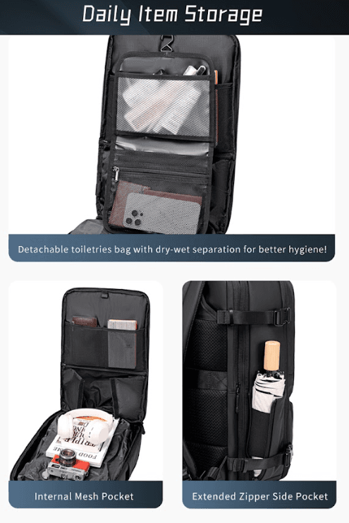 Arctic Hunter bag daily item storage with detachable toiletry bag, mesh pockets, and side zipper