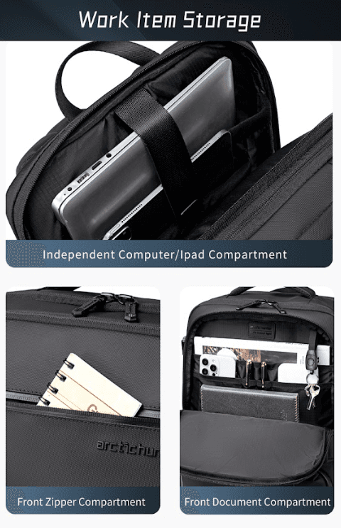 Arctic Hunter bag work item storage compartments showing laptop, tablet, and document sections